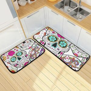 Emelivor Day Dead Sugar Skulls Kitchen Rugs and Mats Set 2 Piece Non Slip Washable Runner Rug Set of 2 for Kitchen Floor Home Decorative Laundry