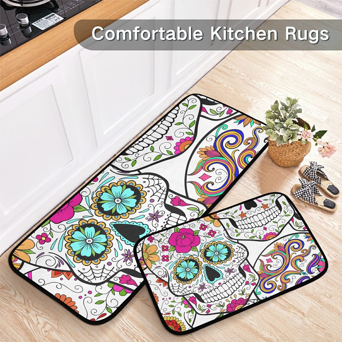 Emelivor Day Dead Sugar Skulls Kitchen Rugs and Mats Set 2 Piece Non Slip Washable Runner Rug Set of 2 for Kitchen Floor Home Decorative Laundry