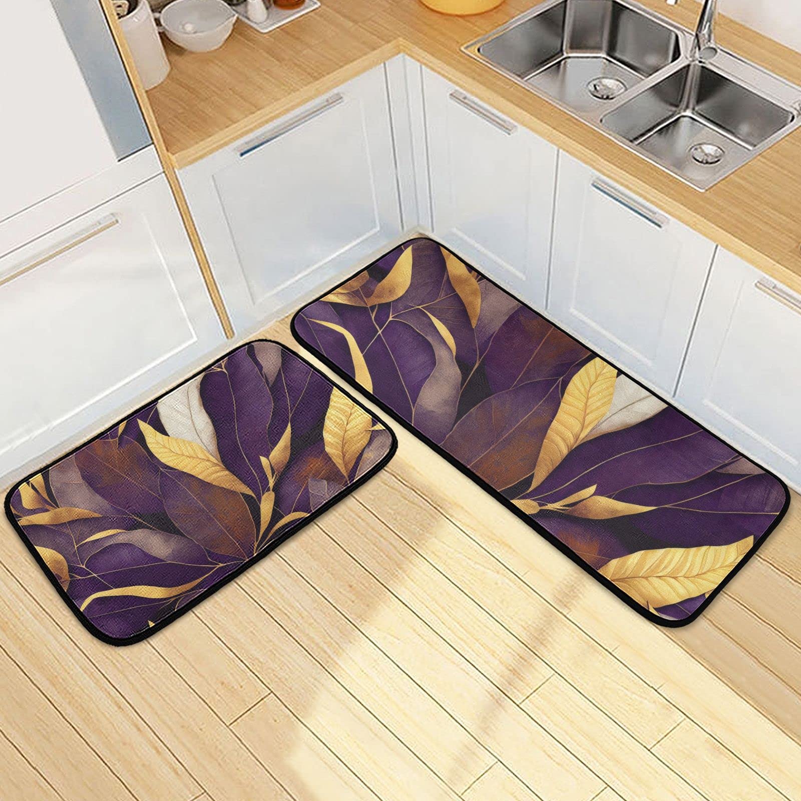 NFMILI (Luxury Purple Leaves) Kitchen Mat 2 PCS Cushioned Anti-Fatigue Kitchen Rug, Waterproof Non-Slip Floor Mats Thick Ergonomic Comfort Standing Mat for Kitchen Sink Laundry room bedroom living roo