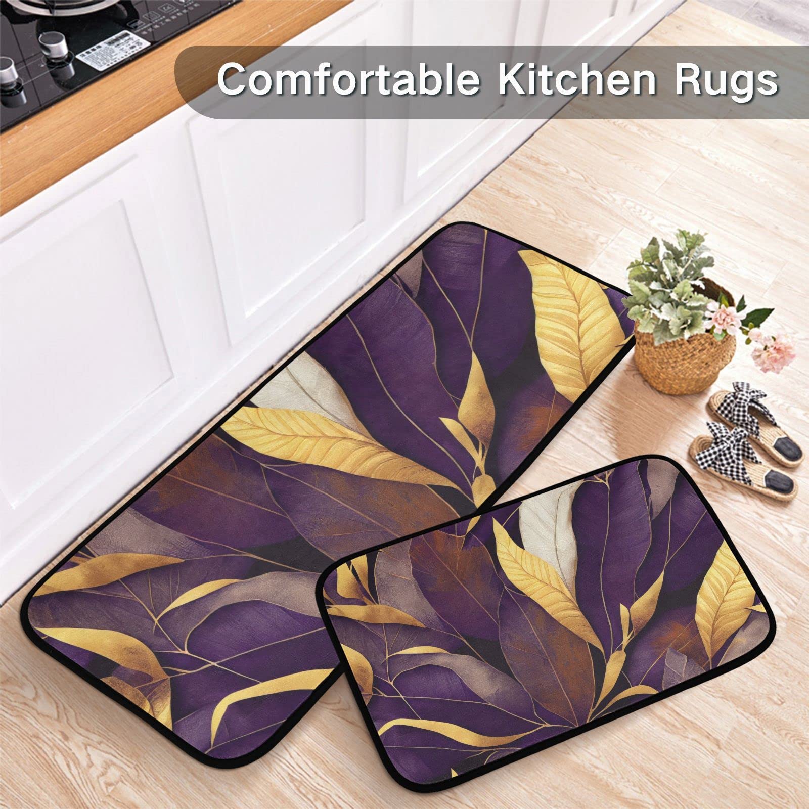 NFMILI (Luxury Purple Leaves) Kitchen Mat 2 PCS Cushioned Anti-Fatigue Kitchen Rug, Waterproof Non-Slip Floor Mats Thick Ergonomic Comfort Standing Mat for Kitchen Sink Laundry room bedroom living roo