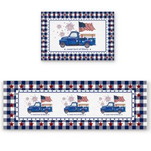 july 4th kitchen rugs sets 2 piece floor mats independence day buffalo plaid blue truck stars doormat non-slip rubber backing area rugs carpet inside door mat pad sets-15.7" x 23.6"+15.7" x 47.2"