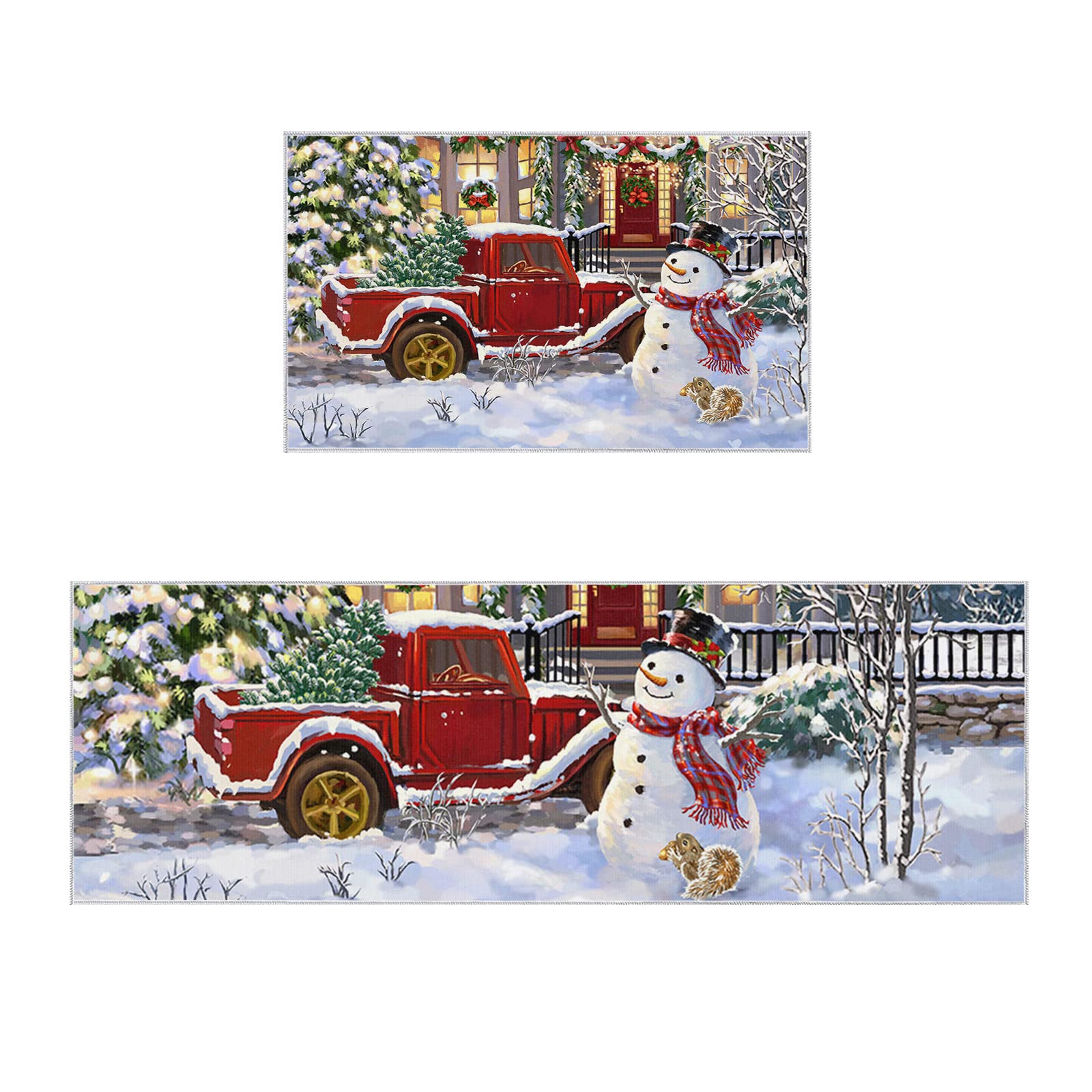 Christmas Kitchen Rugs and Mats Set of 2 Christmas Snowman Winter New Year Red Truck Xmas Tree Anti Fatigue Floor Mat Area Runner Rug for Kitchen Sink Living Room Bedroom 16"x24"+16"x47"