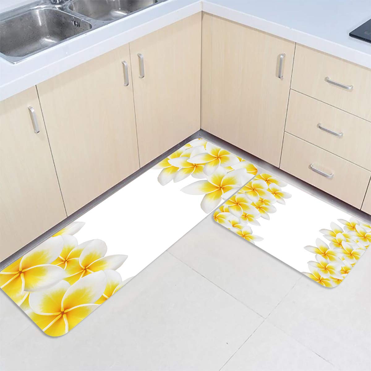 2 Pieces Kitchen Rugs Sets, Yellow Plumeria Flower Pattern White Background Non-Slip Hallway Stair Runner Rug Mats Doormat for Floor, Office, Sink, Laundry