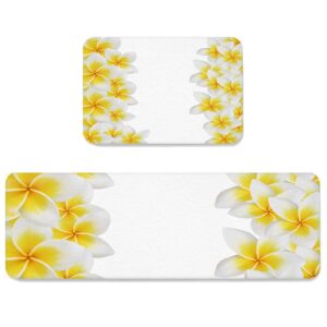 2 Pieces Kitchen Rugs Sets, Yellow Plumeria Flower Pattern White Background Non-Slip Hallway Stair Runner Rug Mats Doormat for Floor, Office, Sink, Laundry