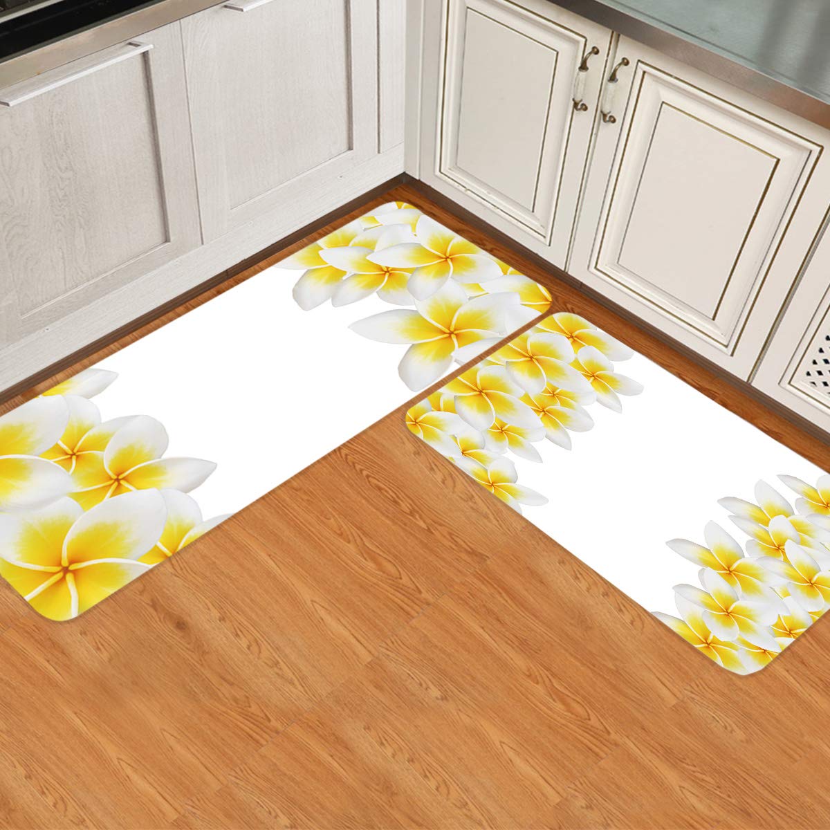 2 Pieces Kitchen Rugs Sets, Yellow Plumeria Flower Pattern White Background Non-Slip Hallway Stair Runner Rug Mats Doormat for Floor, Office, Sink, Laundry