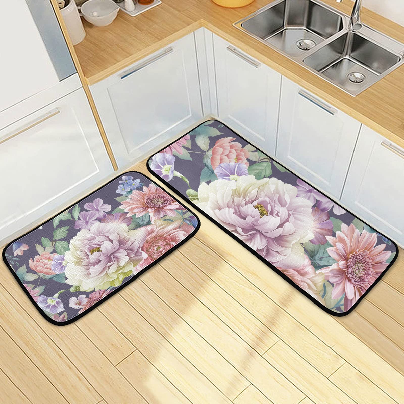 Luxury Purple Peony Peris Flower Kitchen Rugs and Mats 2 Pieces Anti Fatigue Kitchen Rug Set Non-Slip Bath Mat Entry Floor Carpet Entrance Door Mat Runner 20"x28"+20"x47"