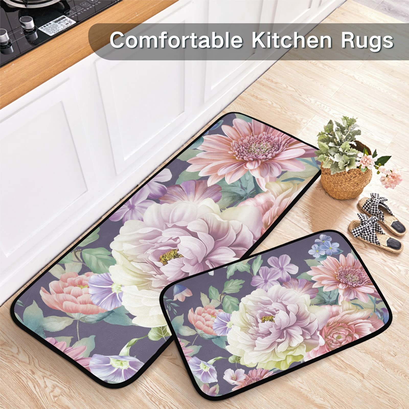 Luxury Purple Peony Peris Flower Kitchen Rugs and Mats 2 Pieces Anti Fatigue Kitchen Rug Set Non-Slip Bath Mat Entry Floor Carpet Entrance Door Mat Runner 20"x28"+20"x47"