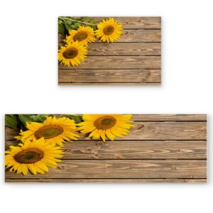 Sunflower Kitchen Mats for Floor Cushioned Anti Fatigue 2 Piece Set Kitchen Runner Rugs Non Skid Washable Sunflowers on The Wooden Plank Summer Garden Photo 15.7x23.6+15.7x47.2inch