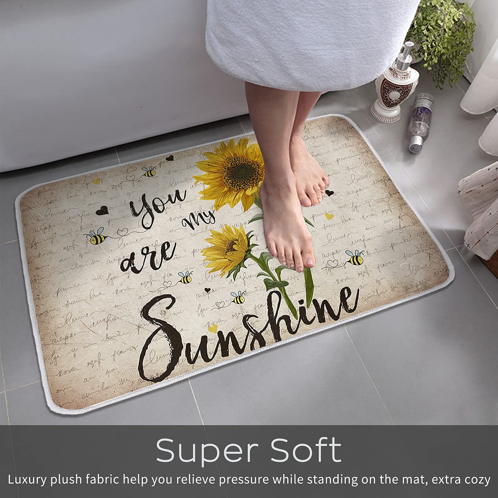 ZEREAA Absorbent Kitchen Rugs and Mats Non Skid Washable, Sunflower with Honey Bee Textured Soft Kitchen Mats for Kitchen, Floor Home, Office, Sink, Laundry, 20x24Inches+20x48Inches