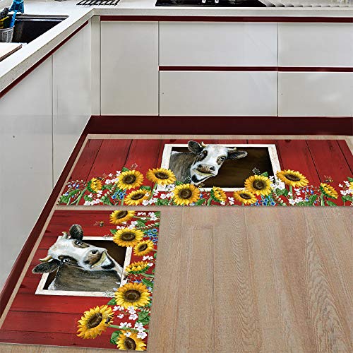 BestLives Kitchen Rug Set of 2 Piece, Farmhouse Sunflower Cow Floor Mats Non-Slip Area Runner Carpet Washable Indoor Doormat Pad Sets, Rustic Style Farm Barn Animal Floral 15.7x23.6in+15.7x47.2in