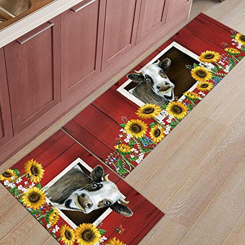 BestLives Kitchen Rug Set of 2 Piece, Farmhouse Sunflower Cow Floor Mats Non-Slip Area Runner Carpet Washable Indoor Doormat Pad Sets, Rustic Style Farm Barn Animal Floral 15.7x23.6in+15.7x47.2in