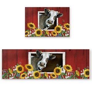 BestLives Kitchen Rug Set of 2 Piece, Farmhouse Sunflower Cow Floor Mats Non-Slip Area Runner Carpet Washable Indoor Doormat Pad Sets, Rustic Style Farm Barn Animal Floral 15.7x23.6in+15.7x47.2in