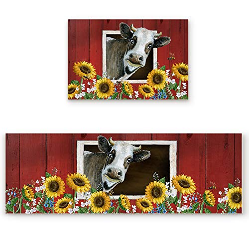 BestLives Kitchen Rug Set of 2 Piece, Farmhouse Sunflower Cow Floor Mats Non-Slip Area Runner Carpet Washable Indoor Doormat Pad Sets, Rustic Style Farm Barn Animal Floral 15.7x23.6in+15.7x47.2in