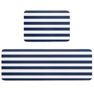 anti-fatigue kitchen mats standing rugs set of 2 simple navy blue and white striped non-slip area runner floor doormat ocean nautical theme washable cushioned carpet for bedroom bathroom decor