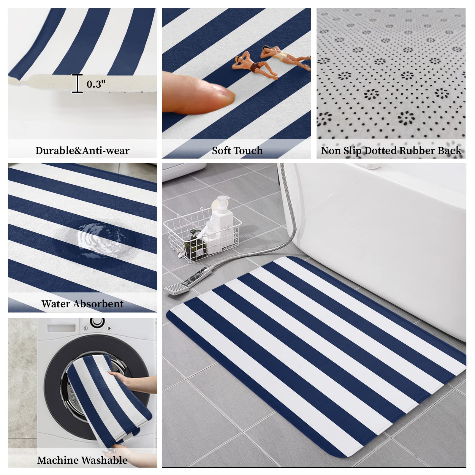 Anti-Fatigue Kitchen Mats Standing Rugs Set of 2 Simple Navy Blue and White Striped Non-Slip Area Runner Floor Doormat Ocean Nautical Theme Washable Cushioned Carpet for Bedroom Bathroom Decor