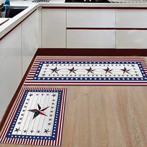 Independence Day Kitchen Rugs Sets 2 Piece Floor Mats American USA Flag Day Theme Stars Red Stripe Doormat Non-Slip Rubber Backing Area Rugs Carpet Inside Door Mat Pad Sets-15.7" x 23.6"+15.7" x 47.2"