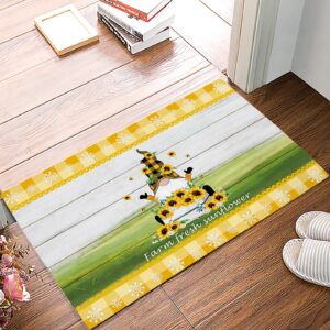 door mat for bedroom decor, country style gnome with sunflowers on yellow grid wood floor mats, absorbent rugs for living room, non-slip bathroom rugs home decor kitchen mat area rug 18x30 inch
