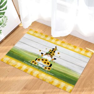 Door Mat for Bedroom Decor, Country Style Gnome with Sunflowers on Yellow Grid Wood Floor Mats, Absorbent Rugs for Living Room, Non-Slip Bathroom Rugs Home Decor Kitchen Mat Area Rug 18x30 Inch