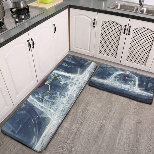 2pc Kitchen Floor Mats,Fantasy Fairy Scenery Red Rose Flower in Glass Tower Beauty Magic Castle Girl and Beast,Sink Kitchen Rugs and Mats Kitchen Mat Standing Mat