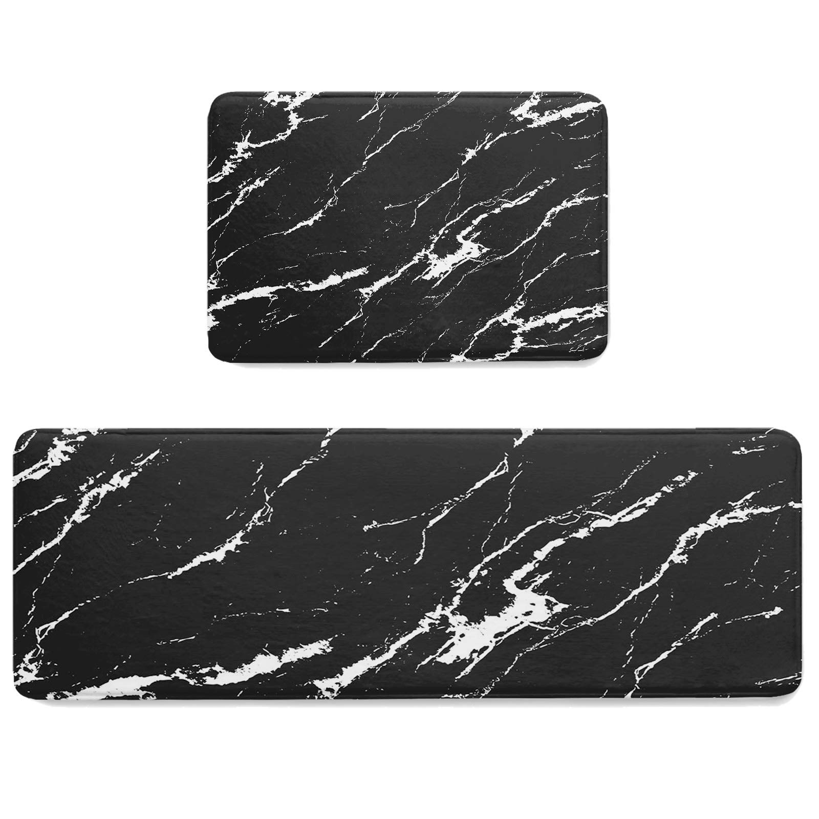 Anti-Fatigue Kitchen Mats Standing Rugs Set of 2 Black and White Marble Style Non-Slip Area Runner Floor Doormat Mondern Crack Art Washable Cushioned Carpet for Bedroom Bathroom Decor