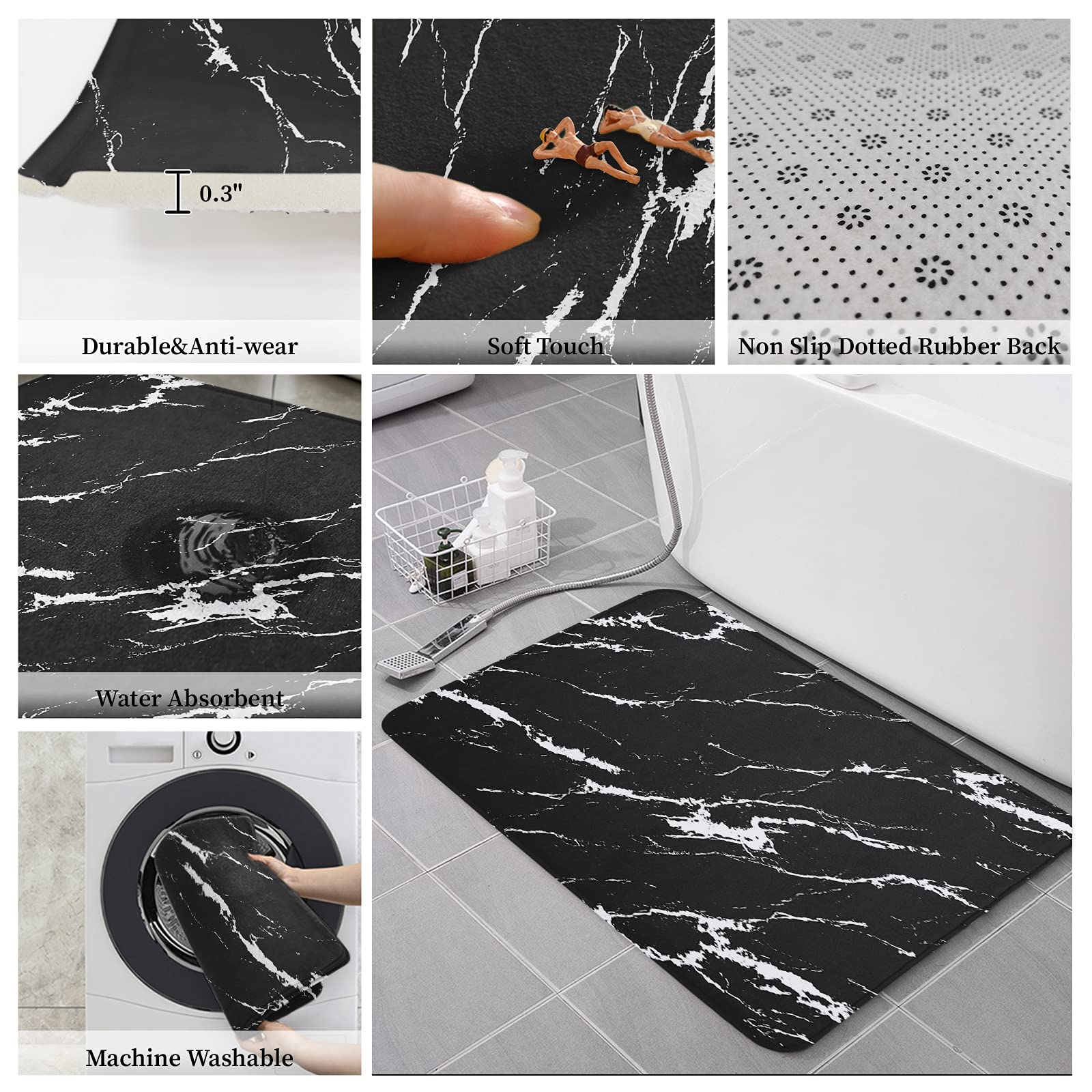 Anti-Fatigue Kitchen Mats Standing Rugs Set of 2 Black and White Marble Style Non-Slip Area Runner Floor Doormat Mondern Crack Art Washable Cushioned Carpet for Bedroom Bathroom Decor