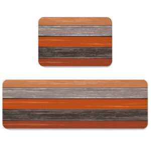 homeown barn comfort kitchen rug set 2 piece, non slip cushioned floor mat ombre farmhouse absorbent carpet for laundry bathroom living room 19.7x31.5in+19.7x63in orange grey wooden stripe
