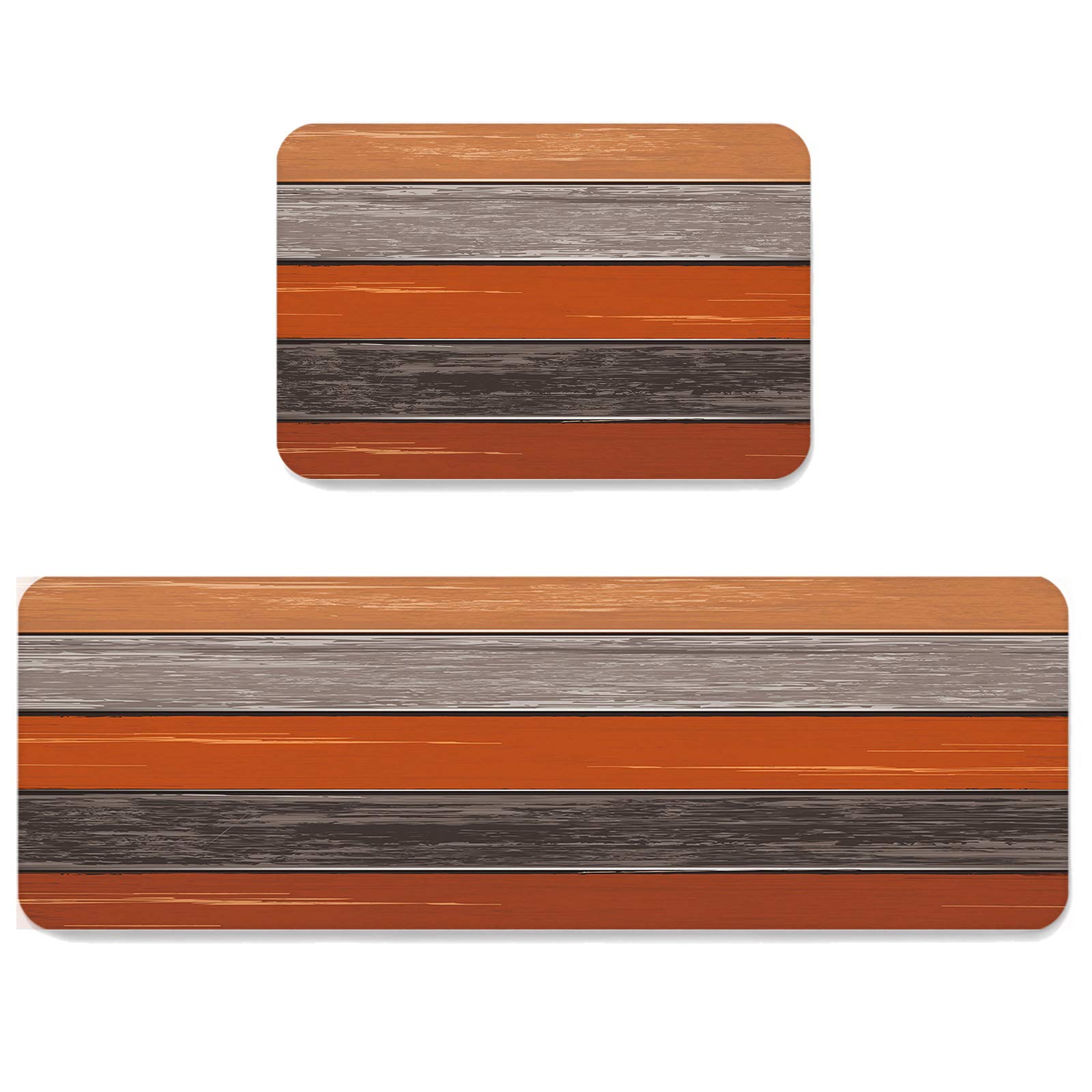 Homeown Barn Comfort Kitchen Rug Set 2 Piece, Non Slip Cushioned Floor Mat Ombre Farmhouse Absorbent Carpet for Laundry Bathroom Living Room 19.7x31.5in+19.7x63in Orange Grey Wooden Stripe