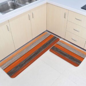 Homeown Barn Comfort Kitchen Rug Set 2 Piece, Non Slip Cushioned Floor Mat Ombre Farmhouse Absorbent Carpet for Laundry Bathroom Living Room 19.7x31.5in+19.7x63in Orange Grey Wooden Stripe