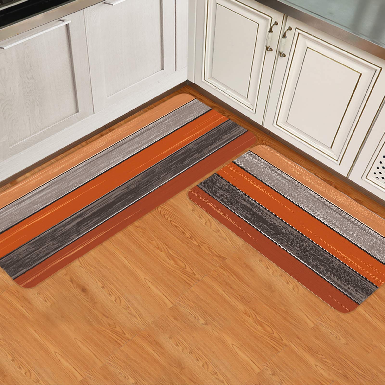 Homeown Barn Comfort Kitchen Rug Set 2 Piece, Non Slip Cushioned Floor Mat Ombre Farmhouse Absorbent Carpet for Laundry Bathroom Living Room 19.7x31.5in+19.7x63in Orange Grey Wooden Stripe
