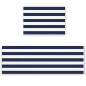 nautical stripe design (navy and white) kitchen rugs set 2 piece, kitchen mats rugs non skid washable anti fatiguee, doormat carpet for bedroom/bathroom/living room,15.7x23.6in+15.7x47.2in
