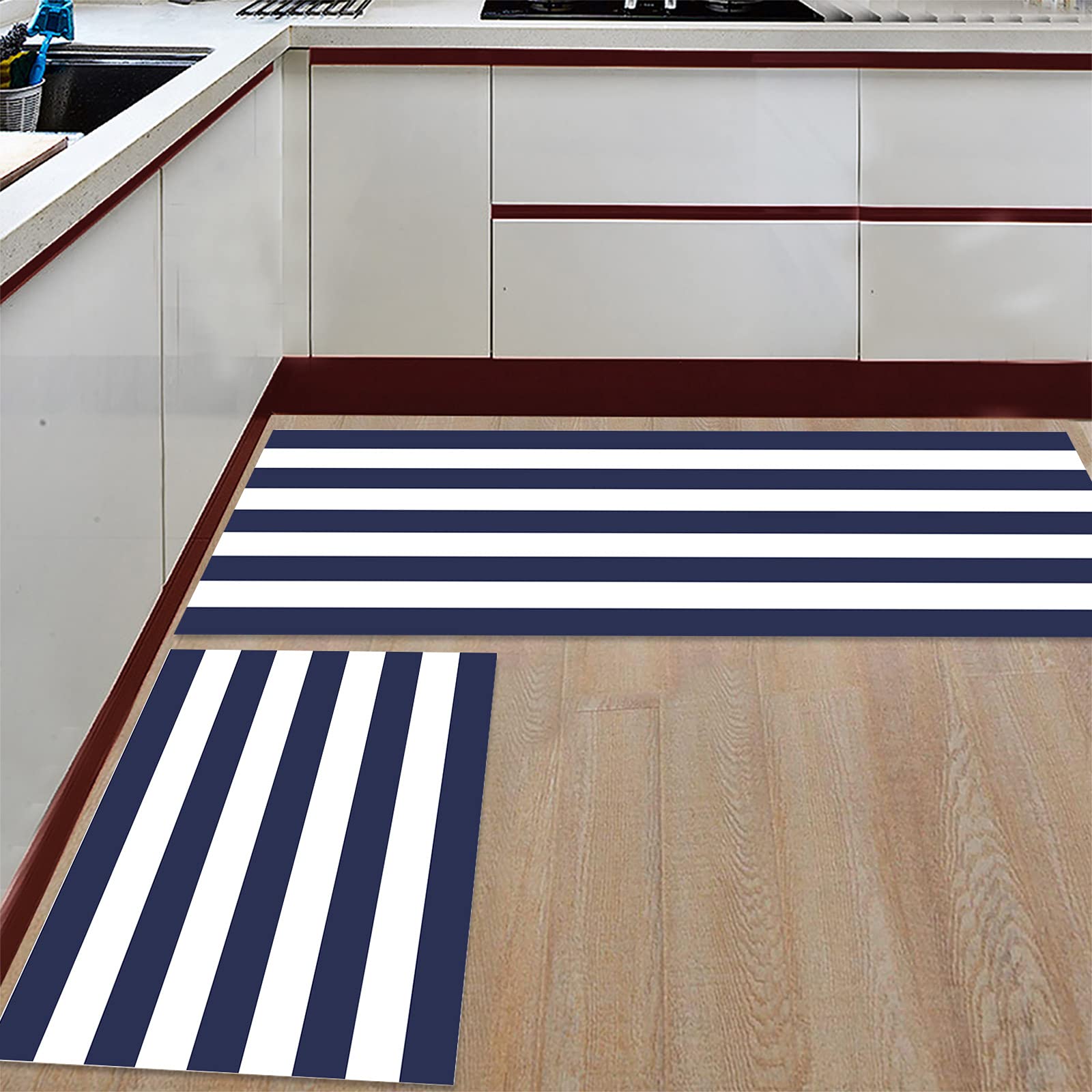 Nautical Stripe Design (Navy and White) Kitchen Rugs Set 2 Piece, Kitchen Mats Rugs Non Skid Washable Anti Fatiguee, Doormat Carpet for Bedroom/Bathroom/Living Room,15.7x23.6in+15.7x47.2in