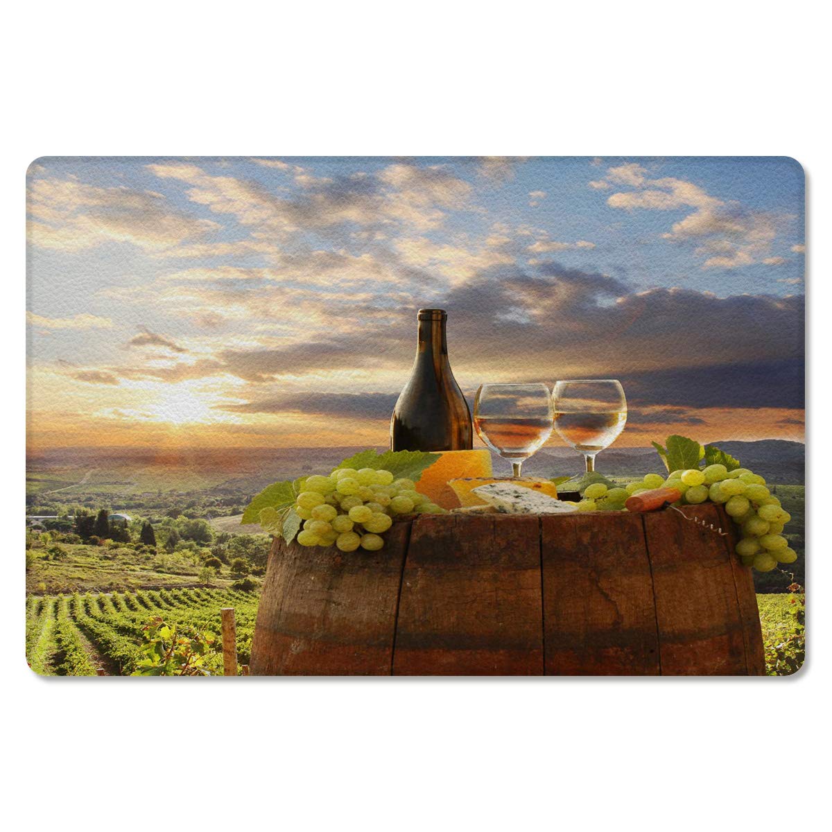 Wine Barrels Grape Antifatigue Kitchen Bath Door Mat Cushioned Runner Rug,Washable Welcome Floor Sink Mat,Retro Farm Theme Grape Sunset Waterproof & Non-Slip Comfort Standing Doormat,18"x59"