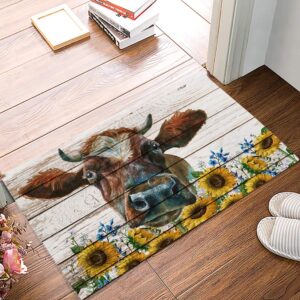 doormat bath rugs non slip farm style blooming sunflowers and cow wood board grain washable cover floor rug absorbent carpets floor mat home decor for kitchen bathroom bedroom (16x24)