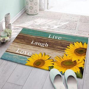 Bathroom Rugs Sunflower on Teal Brown Wood Grain Farm Indoor Doormat Bath Rugs Non Slip, Washable Cover Floor Rug Absorbent Carpets Floor Mat Home Decor for Kitchen (16x24)