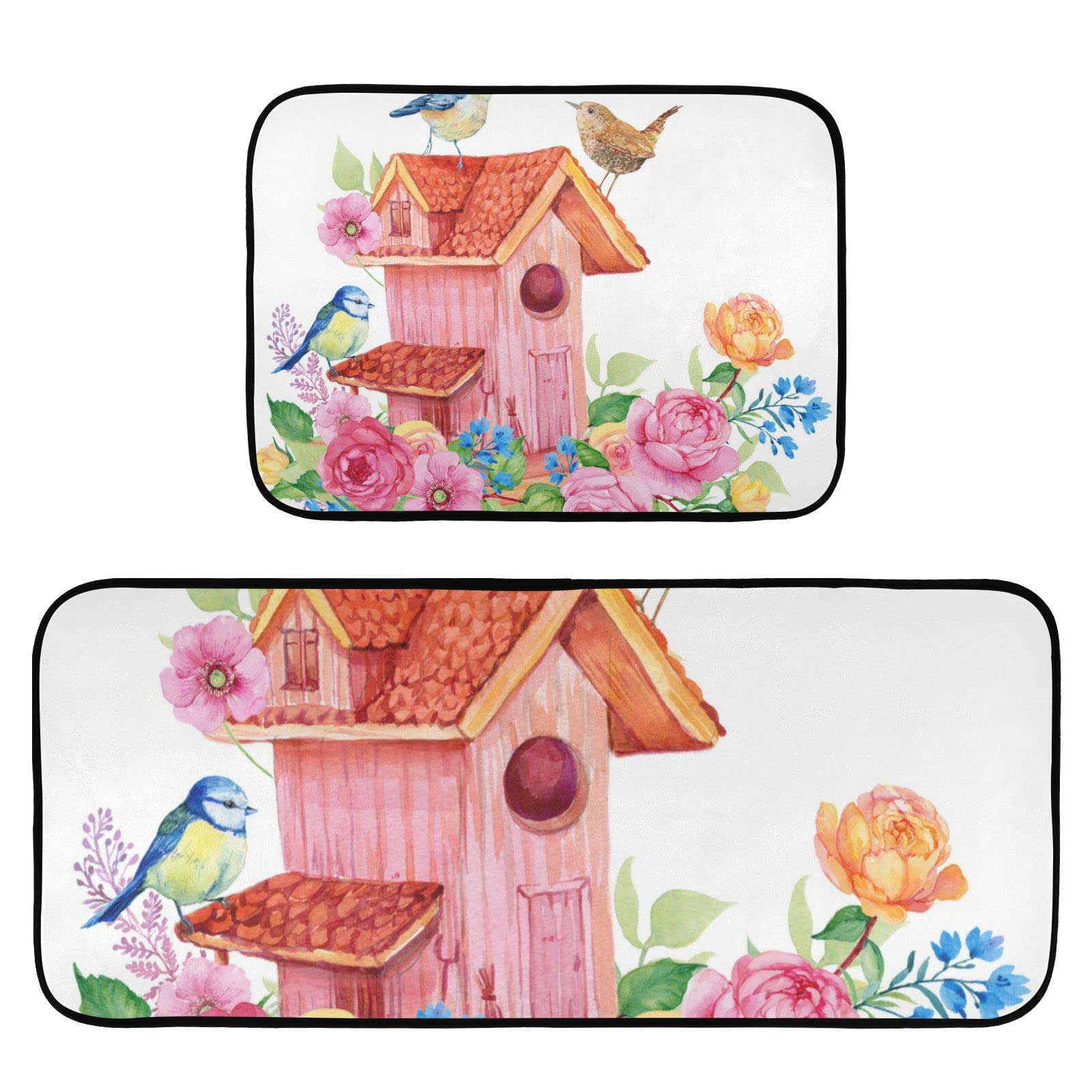 Birdhouse Birds Kitchen Mat Rugs Set of 2 Spring Flowers Comfort Floor Runner Anti Fatigue Non Slid Cushioned Kitchen Carpet Rug for Living Room Laundry Hallway Home Decor