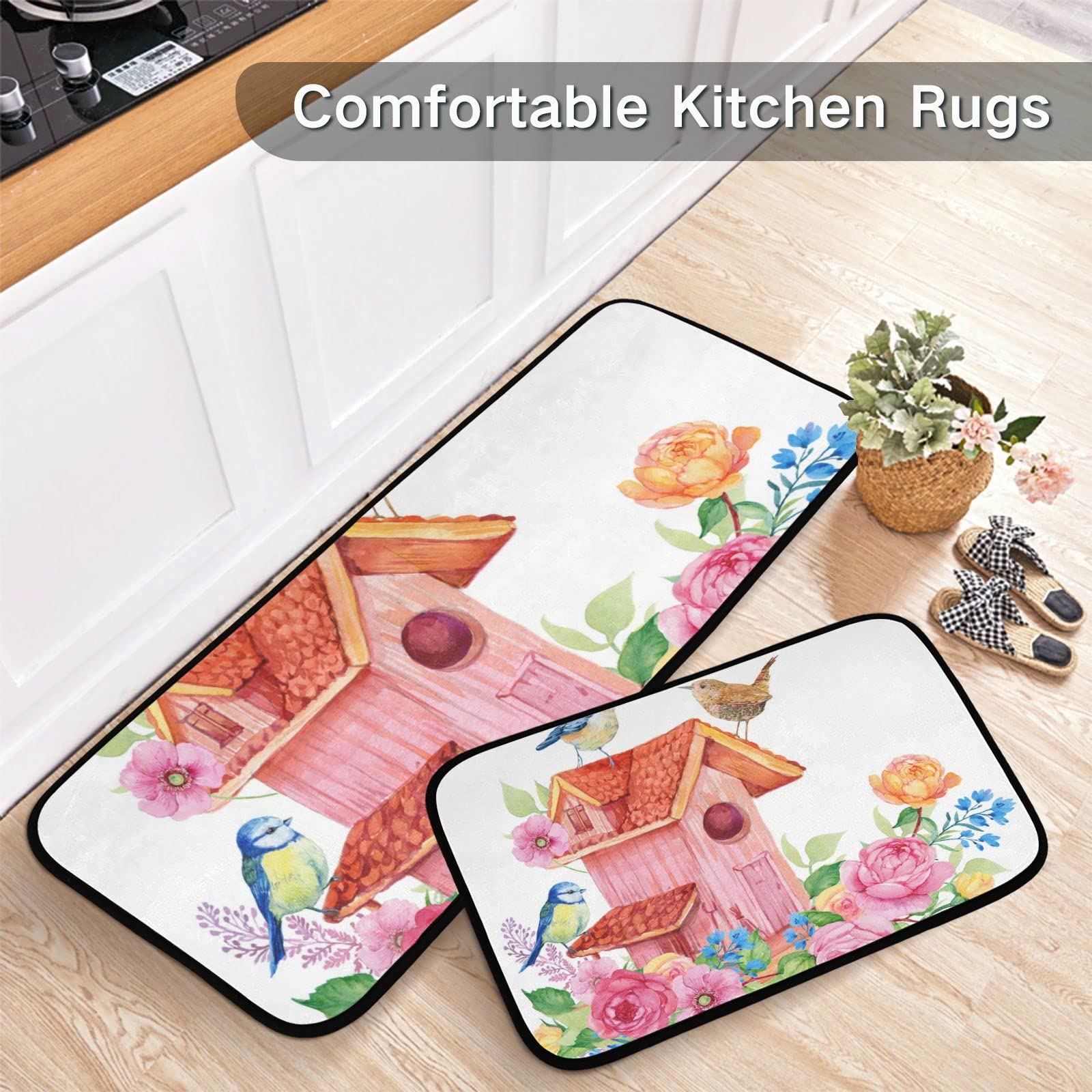 Birdhouse Birds Kitchen Mat Rugs Set of 2 Spring Flowers Comfort Floor Runner Anti Fatigue Non Slid Cushioned Kitchen Carpet Rug for Living Room Laundry Hallway Home Decor