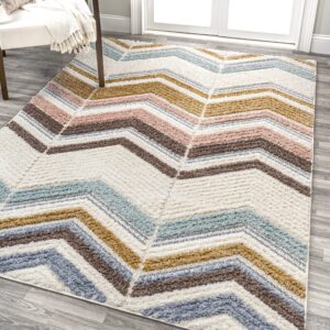 jonathan y snt101a-3 elin chevron high-low indoor area -rug, modern, contemporary, farmhouse easy -cleaning,bedroom,kitchen,living room,non shedding, multi/cream, 3 x 5