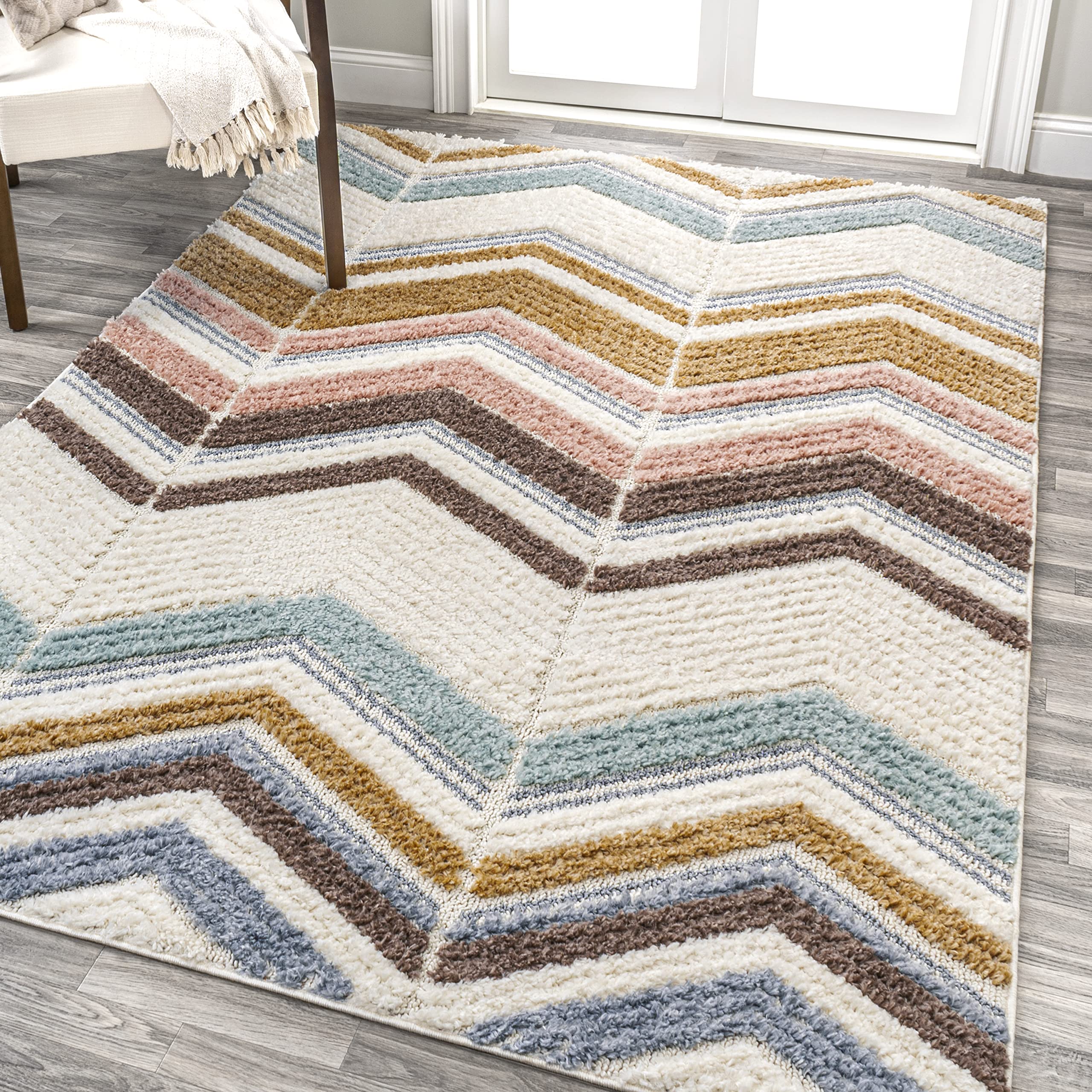 JONATHAN Y SNT101A-3 Elin Chevron High-Low Indoor Area -Rug, Modern, Contemporary, Farmhouse Easy -Cleaning,Bedroom,Kitchen,Living Room,Non Shedding, Multi/Cream, 3 X 5