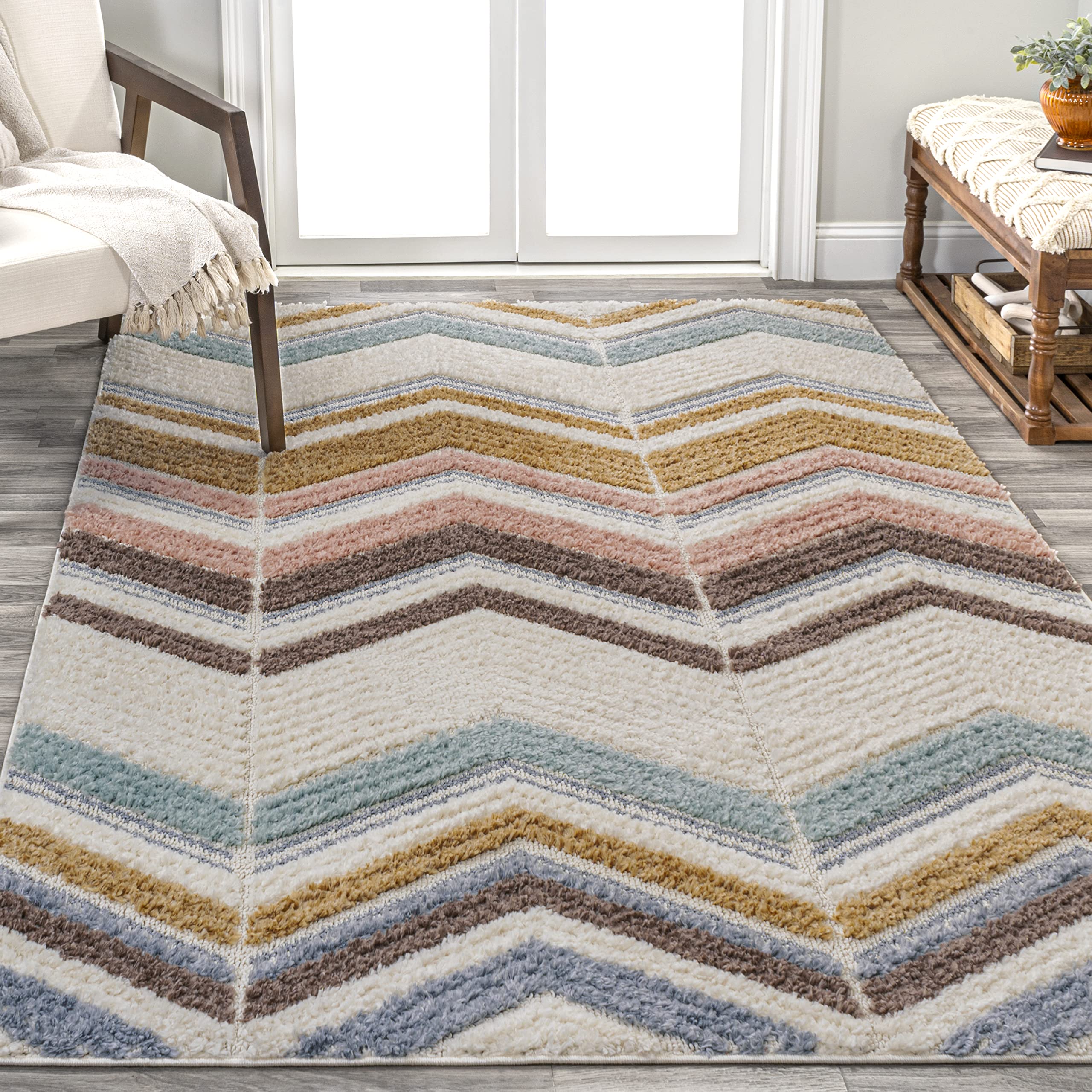 JONATHAN Y SNT101A-3 Elin Chevron High-Low Indoor Area -Rug, Modern, Contemporary, Farmhouse Easy -Cleaning,Bedroom,Kitchen,Living Room,Non Shedding, Multi/Cream, 3 X 5