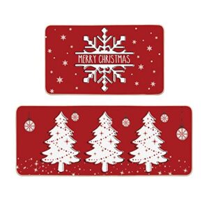 artoid mode red snowflake merry christmas tree welcome decorative kitchen mats set of 2, home party low-profile kitchen rugs - 17x29 and 17x47 inch