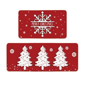 Artoid Mode Red Snowflake Merry Christmas Tree Welcome Decorative Kitchen Mats Set of 2, Home Party Low-Profile Kitchen Rugs - 17x29 and 17x47 Inch