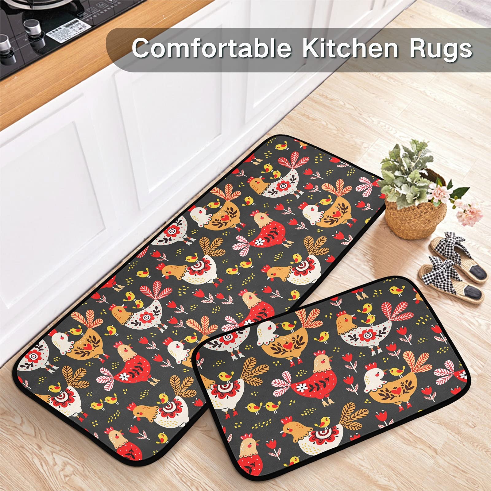 2 Piece Kitchen Rugs and Mats, Cute Rooster Chicken Cushioned Kitchen Mat Anti-Fatigue Comfort Floor Mat Non Slip Kitchen Rug Standing Mats for Kitchen, Sink, Bathroom, Laundry(20x47 Inch+20x28 Inch)