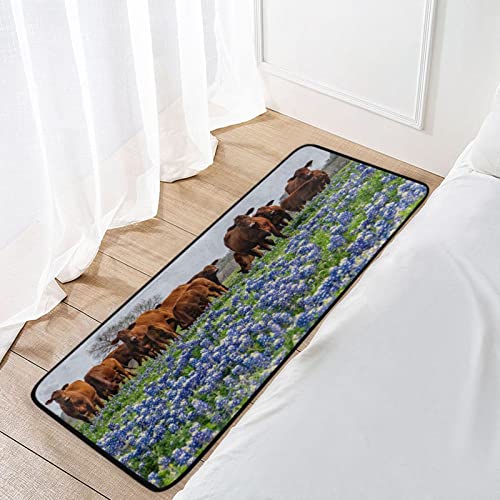Cows Bluebonnets Spring Kitchen Rugs Cattle Animal Bath Mat for Bathroom Absorbent Non Skid Washable Standing Floor Desk Mat Runner Carpet for Home Office Hallway Sink Stove Laundry 39X20 inches
