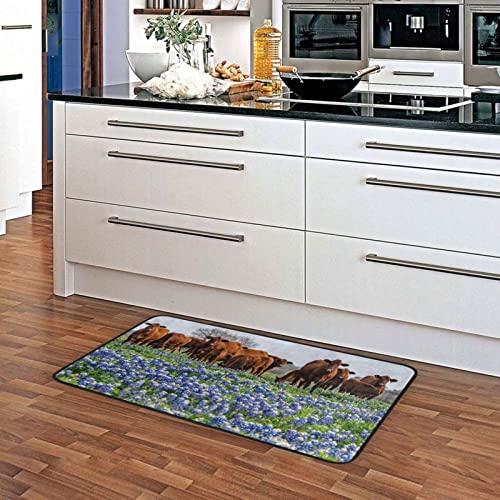 Cows Bluebonnets Spring Kitchen Rugs Cattle Animal Bath Mat for Bathroom Absorbent Non Skid Washable Standing Floor Desk Mat Runner Carpet for Home Office Hallway Sink Stove Laundry 39X20 inches