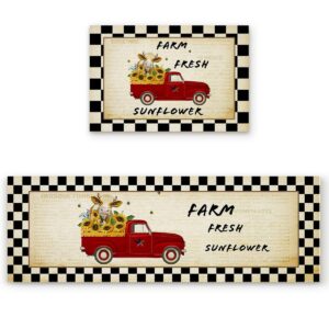 2 piece farm style kitchen mats set 15.7x23.6inch+15.7x47.2inch, anti-fatigue non-slip chef mat kitchen rug cushioned floor rugs, red truck carrying cow and sunflowers white black lattice