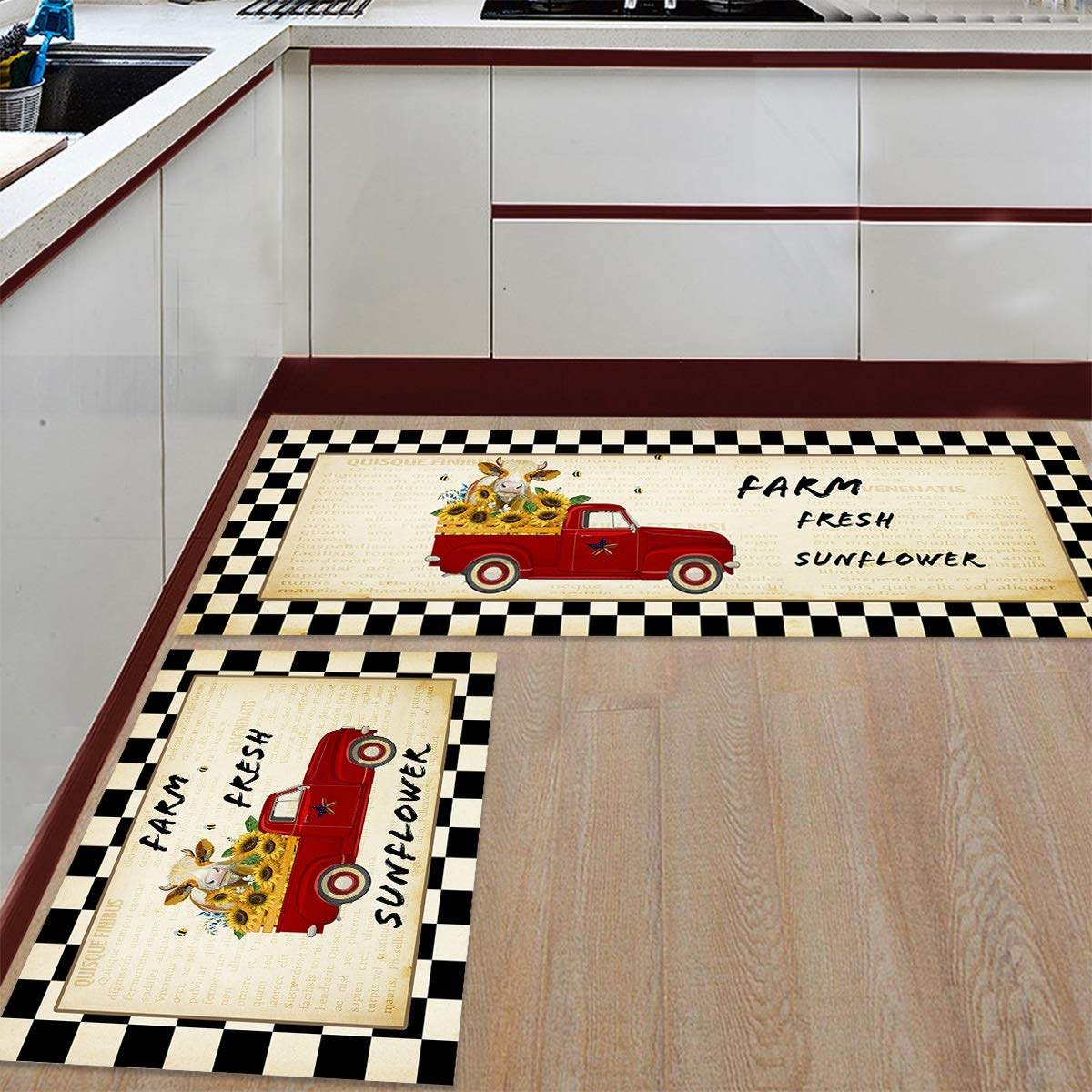 2 Piece Farm Style Kitchen Mats Set 15.7x23.6inch+15.7x47.2inch, Anti-Fatigue Non-Slip Chef Mat Kitchen Rug Cushioned Floor Rugs, Red Truck Carrying Cow and Sunflowers White Black Lattice