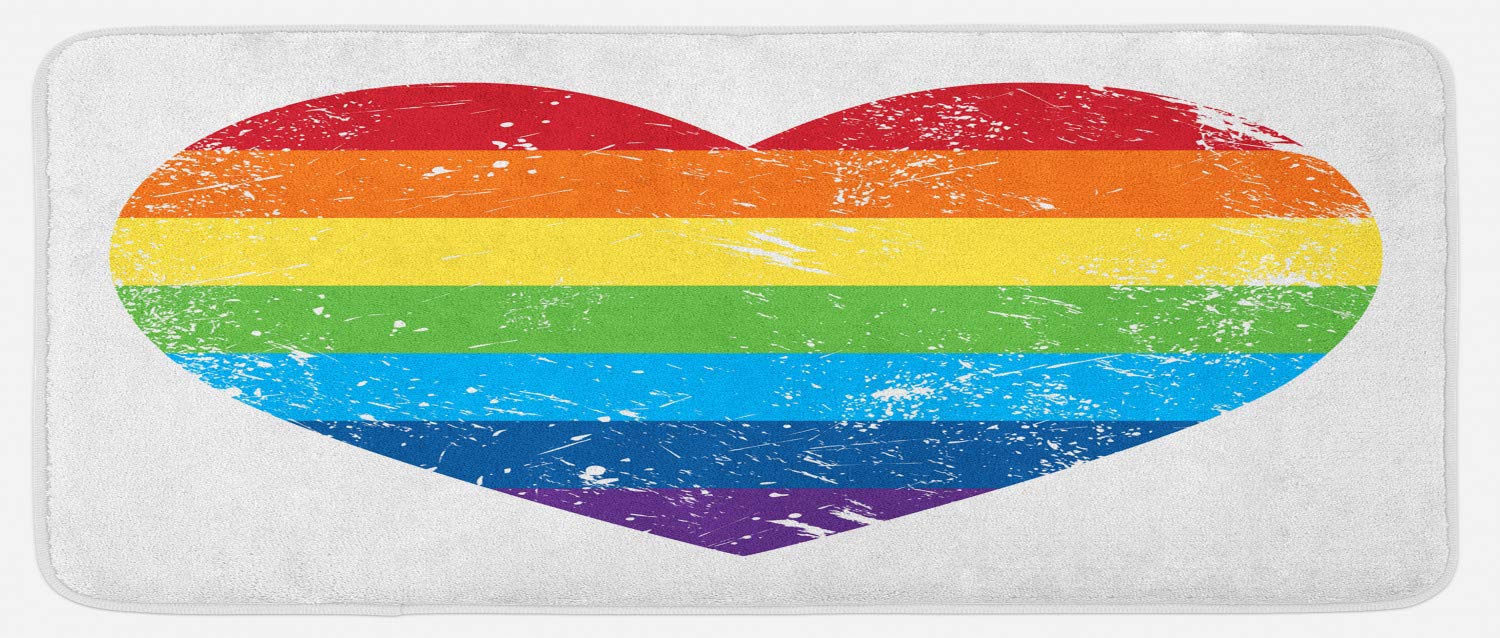 Ambesonne Vintage Rainbow Kitchen Mat, Heart Shape with LGBT Flag Design Gay Pride Themed Image with Retro Effect, Plush Decorative Kitchen Mat with Non Slip Backing, 47" X 19", Red Orange