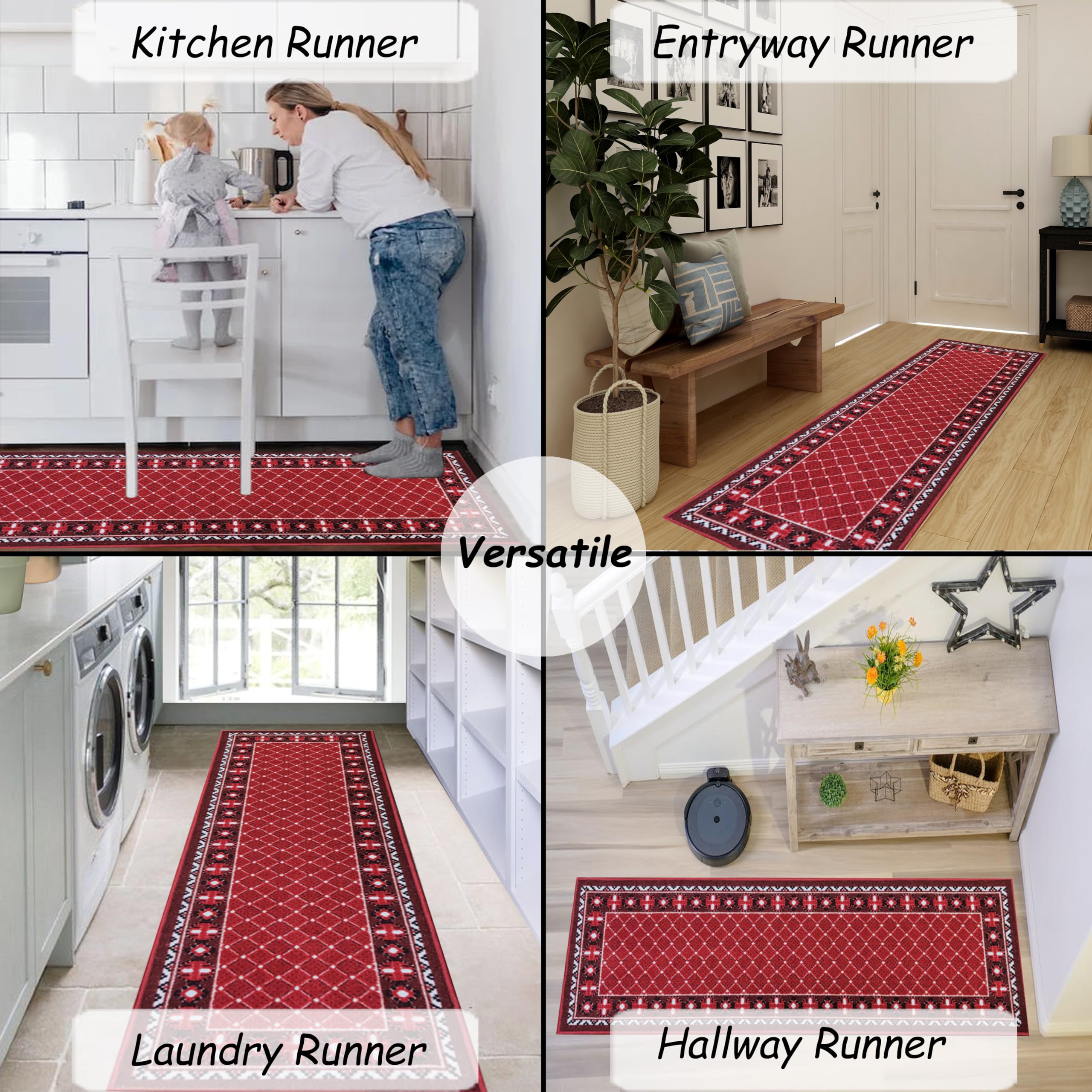 Gloria Non Slip Rubber Back Checkered Design Kitchen Rug Kitchen Runner Kitchen Mat Carpet for Kitchen Anti Slip Stair Treads (Checkered-Red, Runner (23"x84"))