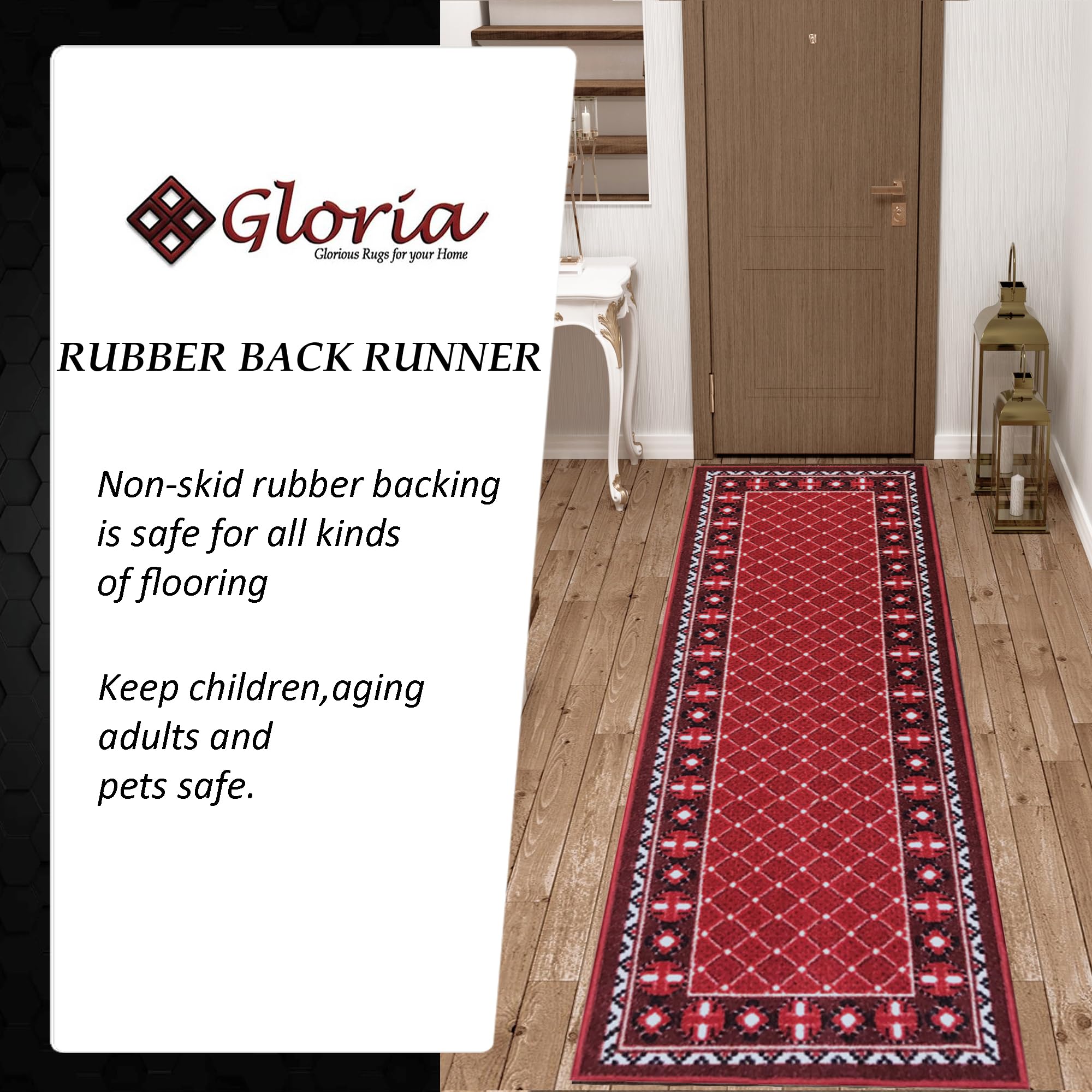 Gloria Non Slip Rubber Back Checkered Design Kitchen Rug Kitchen Runner Kitchen Mat Carpet for Kitchen Anti Slip Stair Treads (Checkered-Red, Runner (23"x84"))