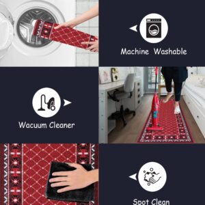 Gloria Non Slip Rubber Back Checkered Design Kitchen Rug Kitchen Runner Kitchen Mat Carpet for Kitchen Anti Slip Stair Treads (Checkered-Red, Runner (23"x84"))